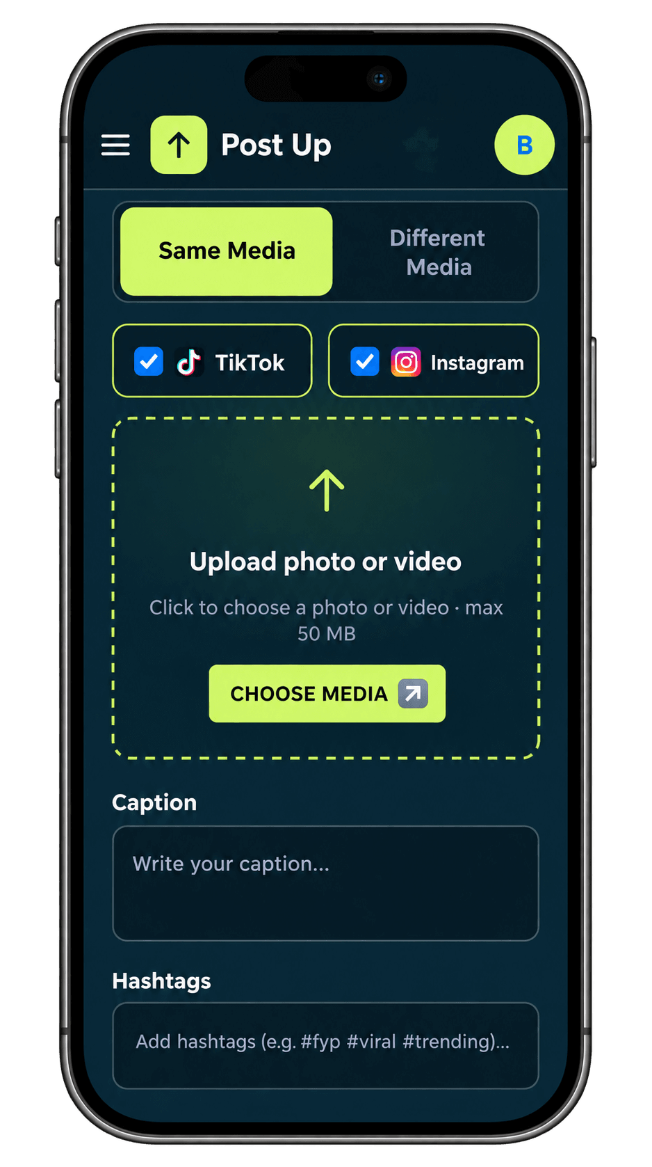 Post Up mobile creator interface with platform selection, media upload, and caption fields